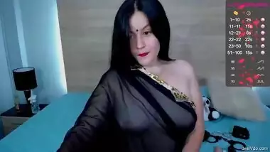 Sexy Bhabhi in See through Black Saree without blouse Exposing Boobs