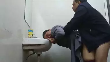Wife in abroad fucked by office manager in washroom